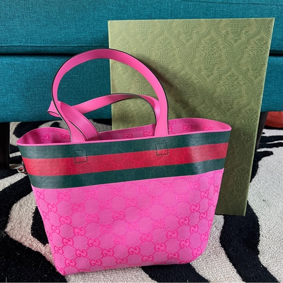 NEW GUCCI Supreme Totissima GG Logo Small Canvas Tote Pink - Picture 9 of 13